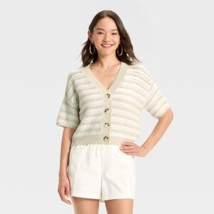NEW! Universal Thread Boho Tan White cropped striped knit cardigan button - XS
